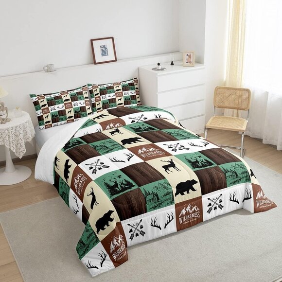 New 3 PC Rustic Hunting Bear & Deer Patchwork Comforter Set • KING Size - Picture 3 of 5